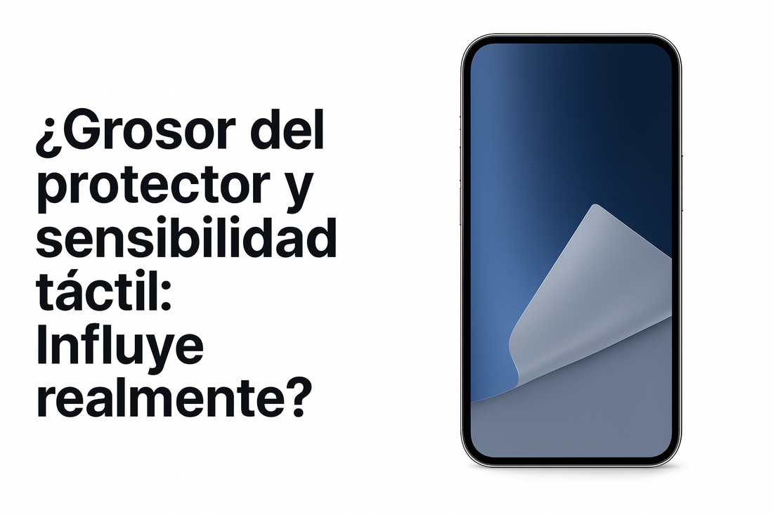 ¿Grosor del protector y sensibilidad táctil? Imagen comparativa con móvil y lámina de hidrogel parcialmente levantada – T-Rex Glass