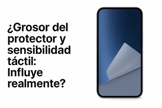 ¿Grosor del protector y sensibilidad táctil? Imagen comparativa con móvil y lámina de hidrogel parcialmente levantada – T-Rex Glass